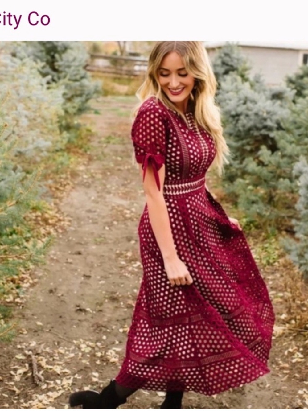 Ivy City Co Burgundy Eyelet Midi Dress with Tie Sleeves